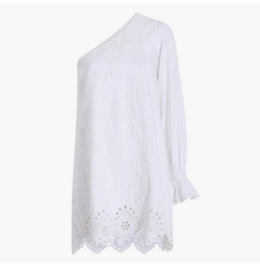 Hill House The Mila Eyelet One Shoulder Dress in White Linen Size M